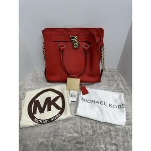 Michael Kors Hamilton Large Orange Tote Bag Purse Gold Chain Leather Handbag